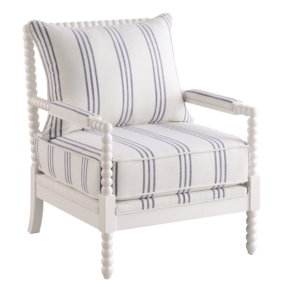 Fabric Upholstered Accent Chair with Spindle Accent in White and Navy