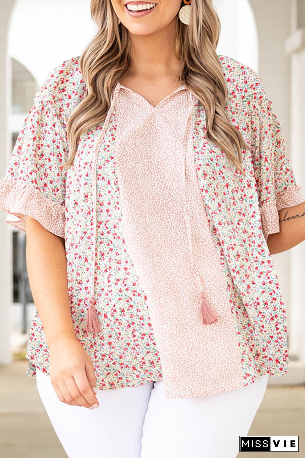 Pink Plus Size Dotty Floral Patchwork Tassel Tie V Neck Top