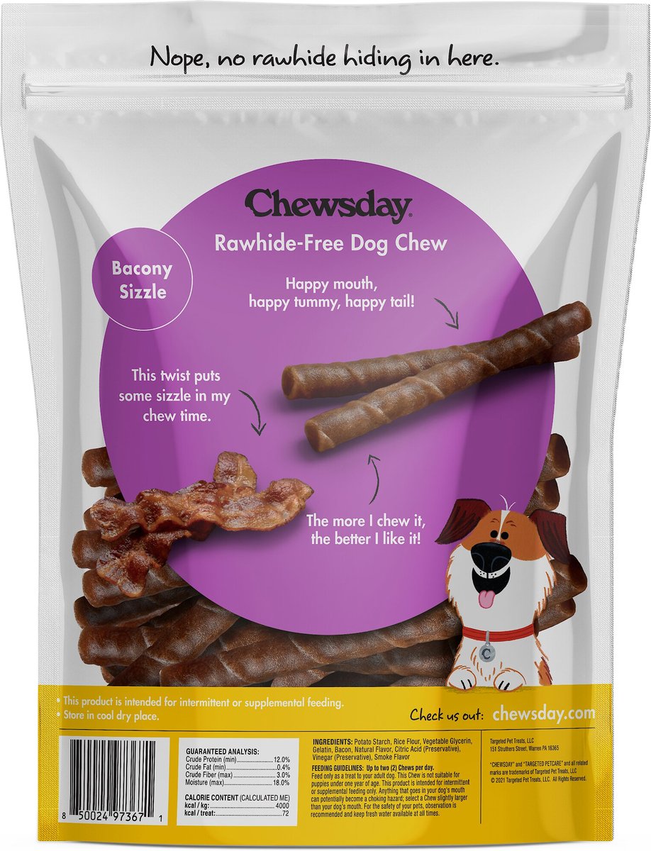 Chewsday Bacony Sizzle Chew Twists Rawhide-Free Dog Hard Chews， 28 count