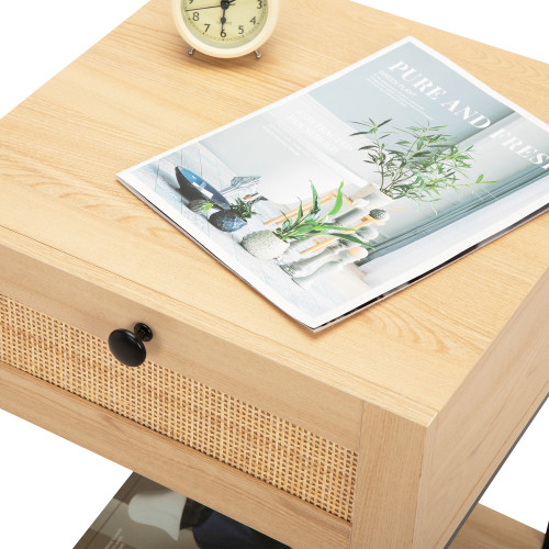 Natural Rattan Nightstand Bedside Table with one D...