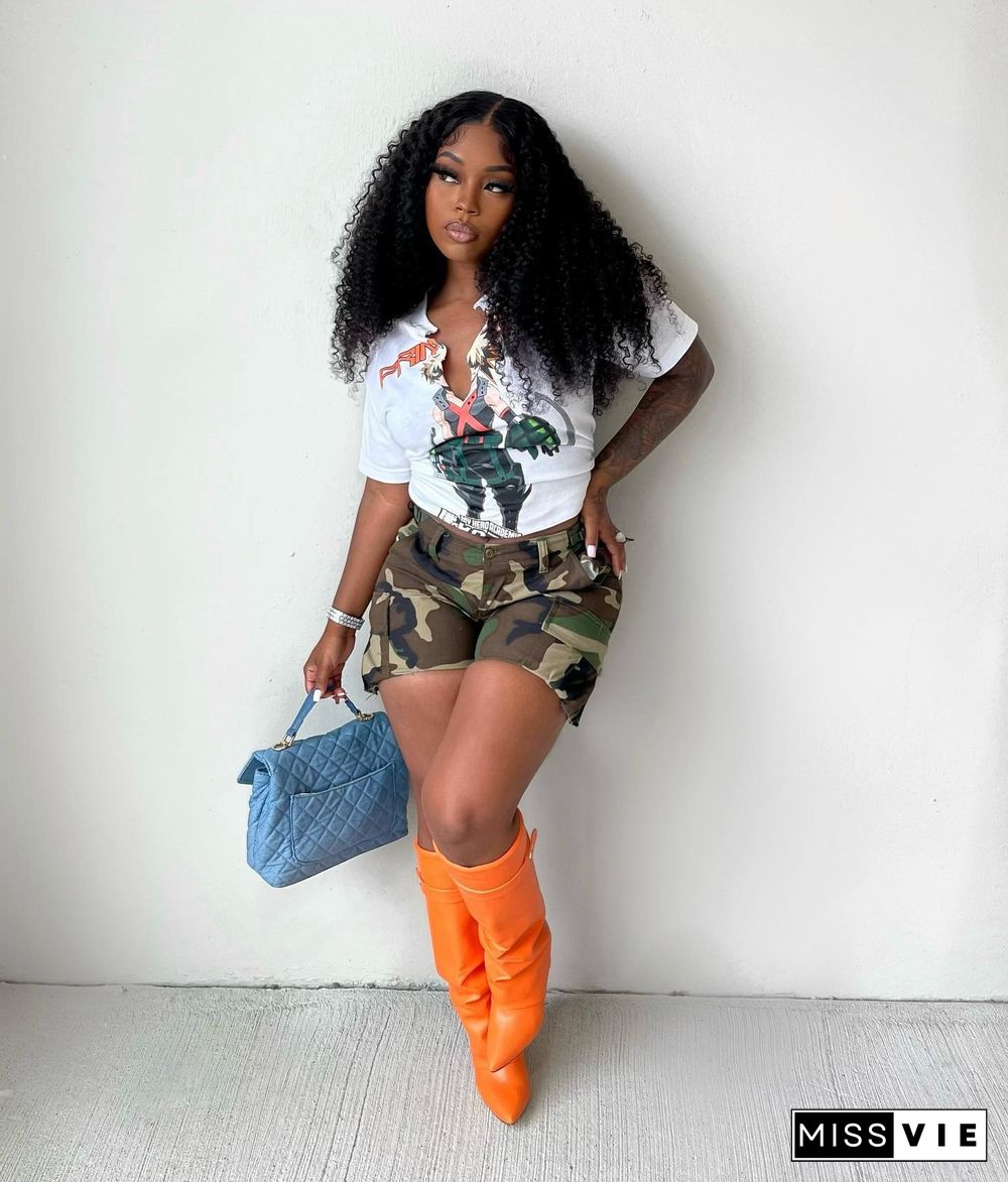 Camo Print High Waist Pockets Casual Shorts