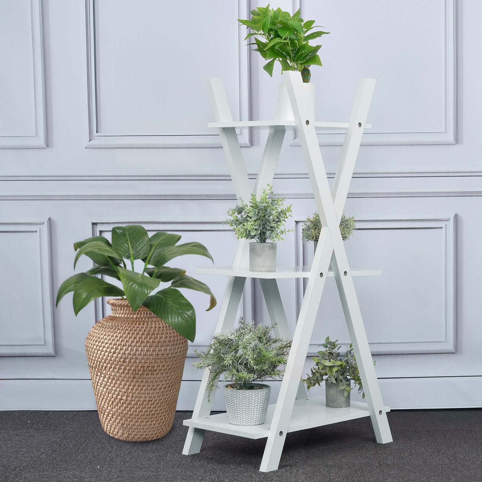 3-Tier White Wooden Plant Stand, X-Frame Display Shelf Accent Rack 44