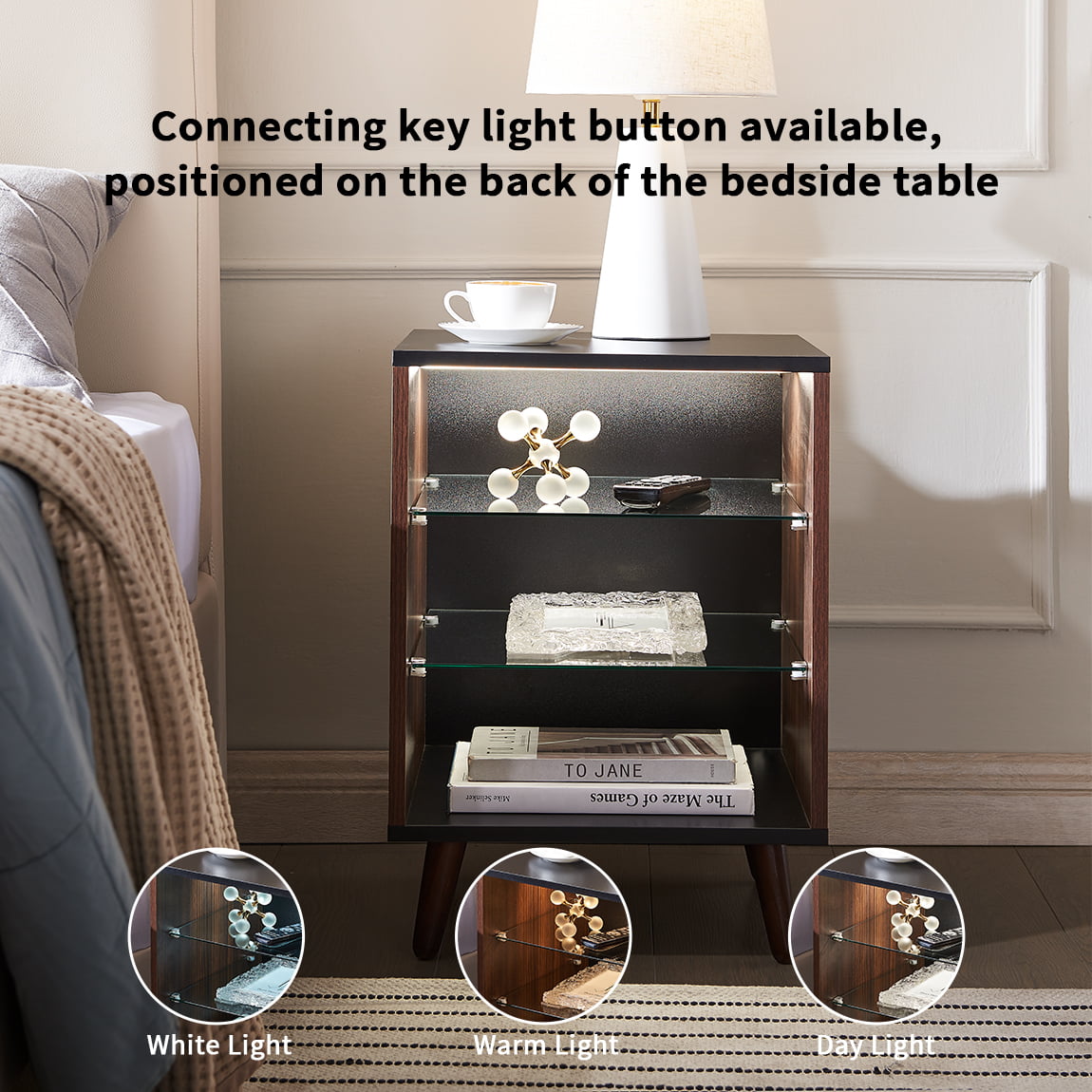 LED Nightstand Set of 2 , Modern Bedside Table with 3 Color LED Lighting/Adustable Brightness, End Side Table with Open Storage for Bedroom Living Room - Walnut Color