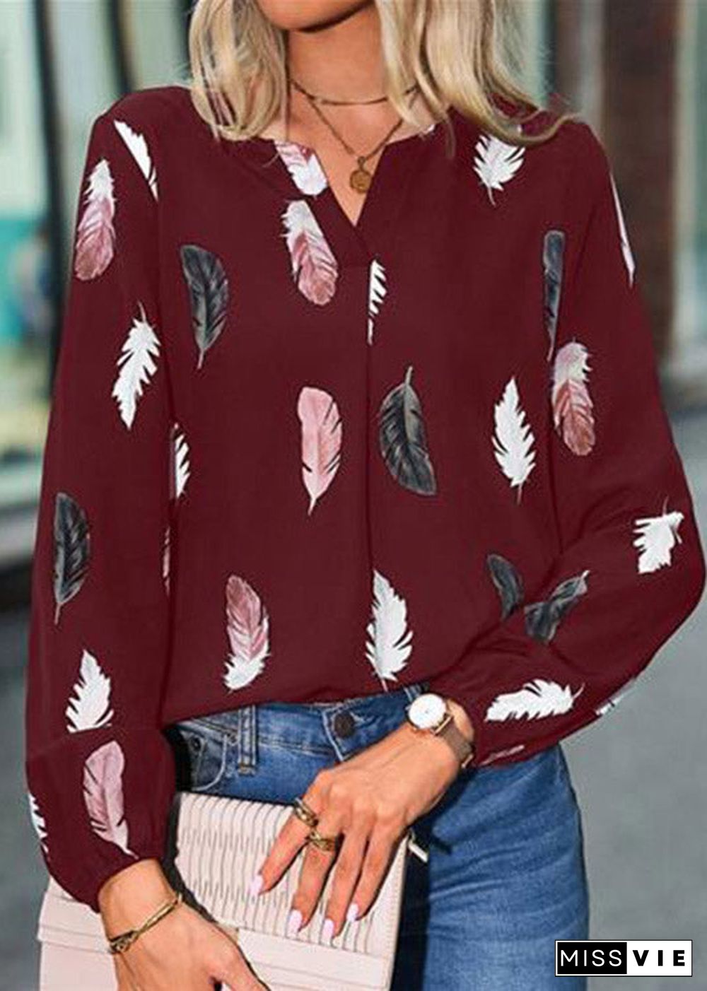 Fitted Mulberry V Neck Print Shirt Long Sleeve