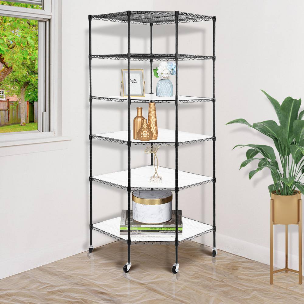 Karl home Black Heavy Duty 6-Tier Metal Rolling Freestanding Garage Storage Shelving Unit (26.77 in. W x 71 in. H x 26.77 in. D) 302992573259