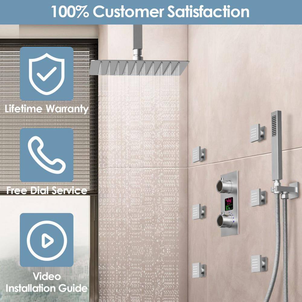 GRANDJOY Pressure Balance Temperature Display 3-Spray Ceiling Mount 12 in. Fixed Handheld Shower Head 2.5 GPM in Brushed Nickel GJSFS-1015-NK12