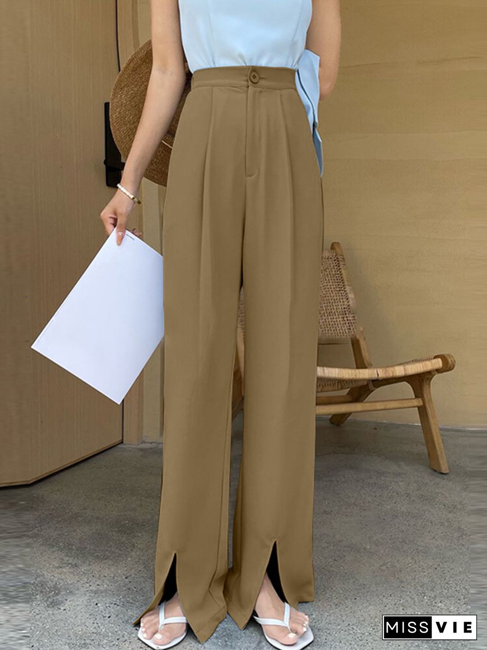 Solid Split Hem High Waist Pleats Full Length Pants