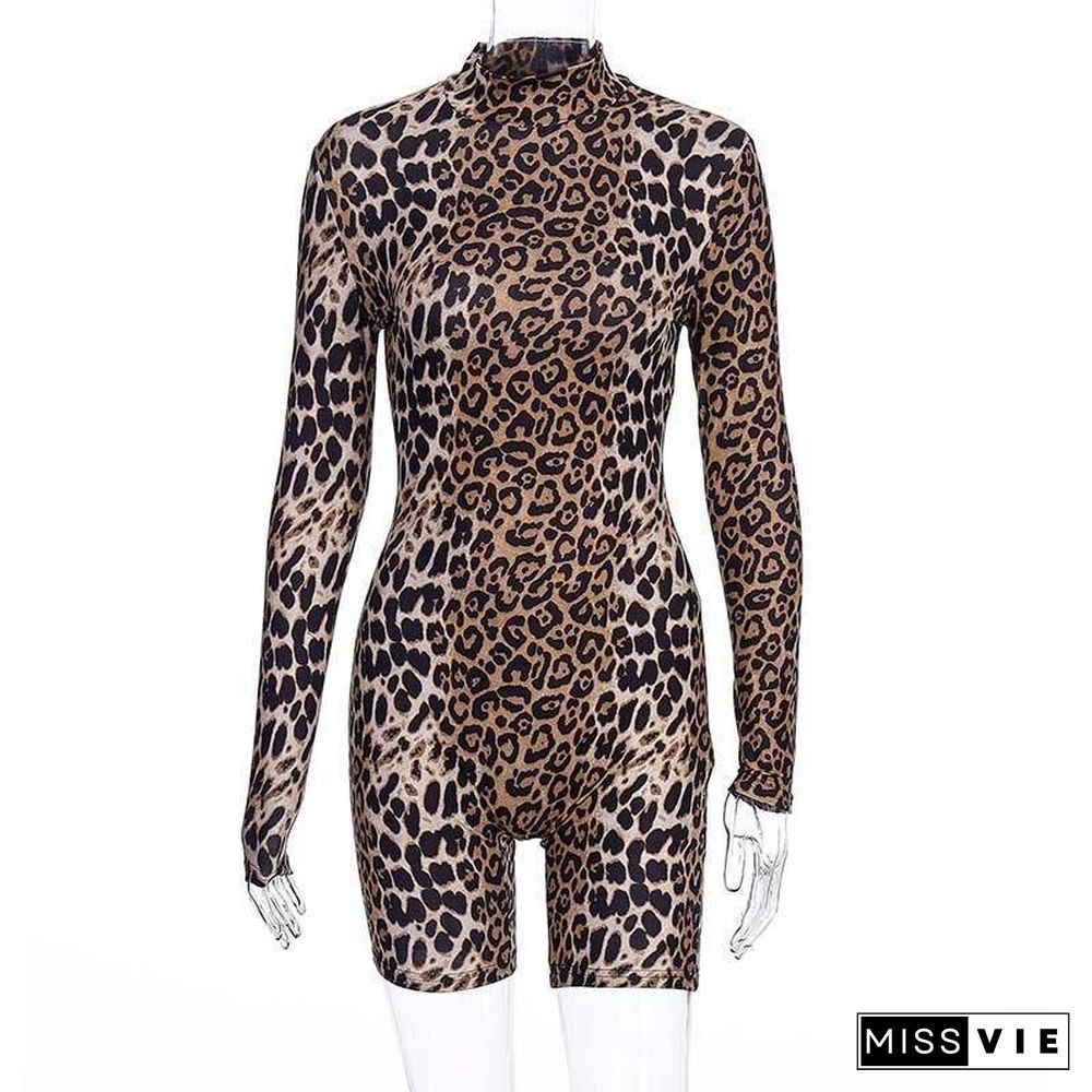 Autumn Leopard Playsuit Women Sexy Romper Tiger Pattern Playsuit Ladies Long Sleeve Short Jumpsuit Female