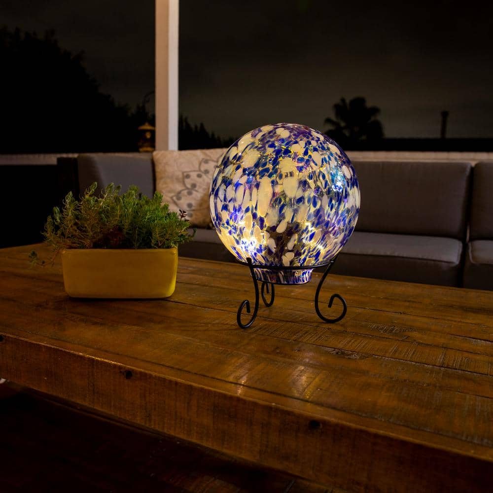 Alpine Corporation 8 in. Dia Indoor/Outdoor Glass Gazing Globe with LED Lights and Stand, Blue/White HGY308A-TM