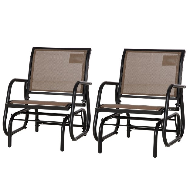 Outsunny 2 Piece Outdoor Glider Chair Set Swing Chair With Breathable Mesh Fabric Curved Armrests For Porch Garden Poolside Balcony Brown