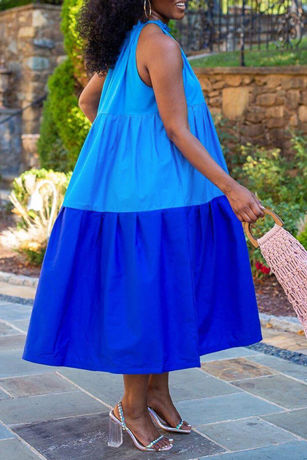 Fashion Casual Color Matching Sleeveless Loose Pleated Dress