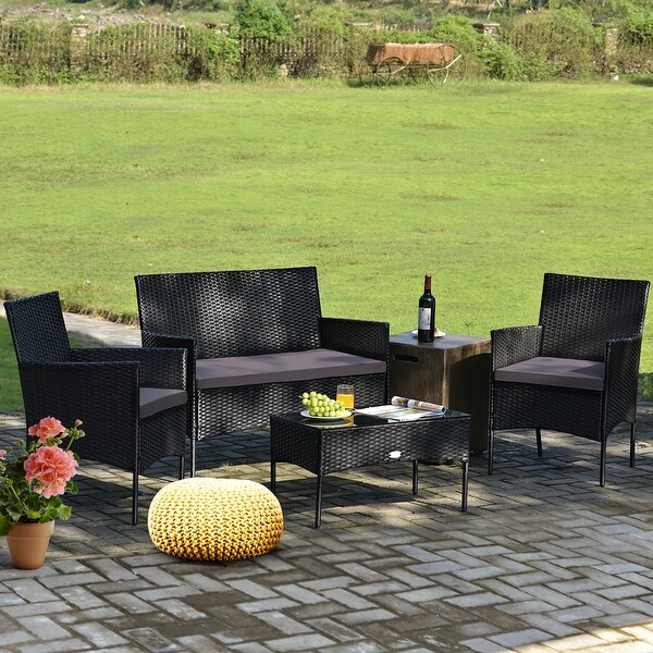 Gymax 4PCS Outdoor Furniture Set Patio Rattan Conversation Set w/ Grey