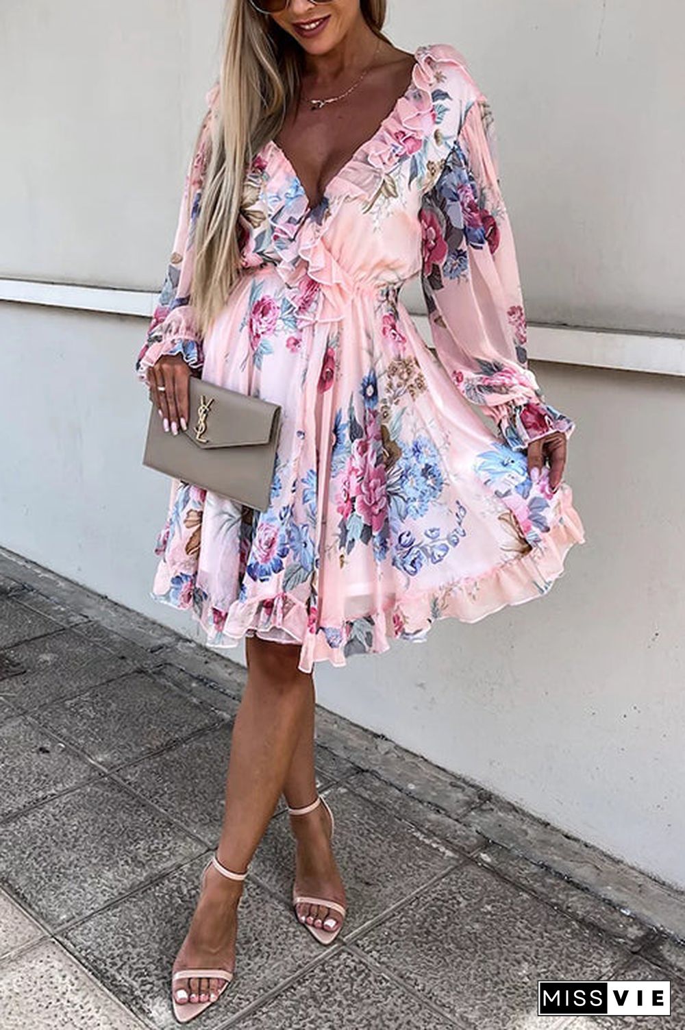 Ruffles Floral V Neck Long Sleeve Mini Dress