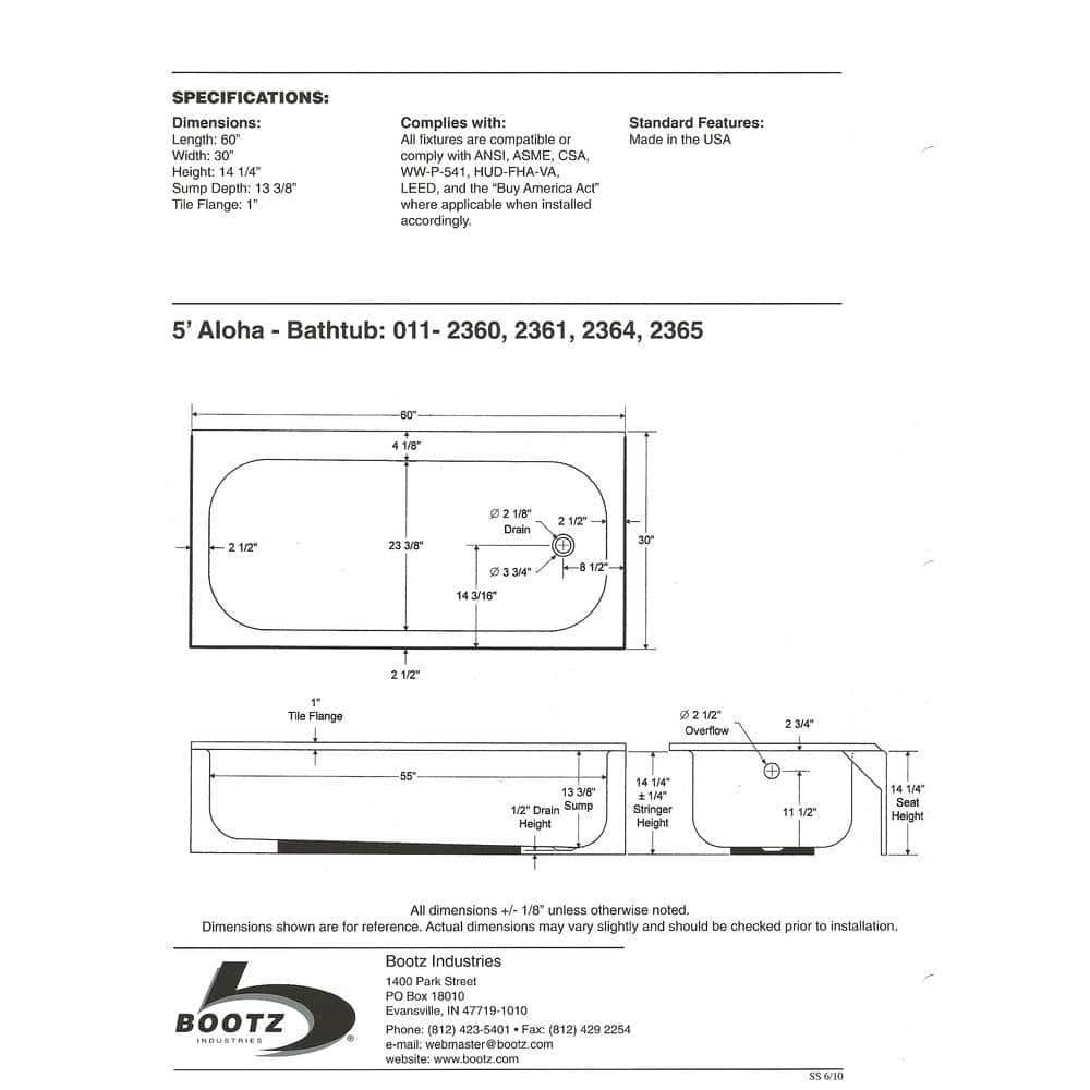 Bootz Industries Aloha 60 in x 30 in Soaking Bathtub with Left Drain in White