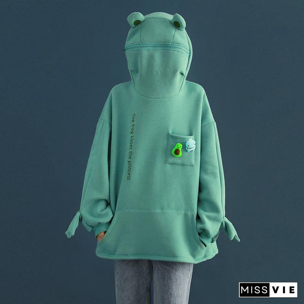 Frog Letter Zipper Pocket Oversized Hoodie THE FROG KISSES THE PRINCESS