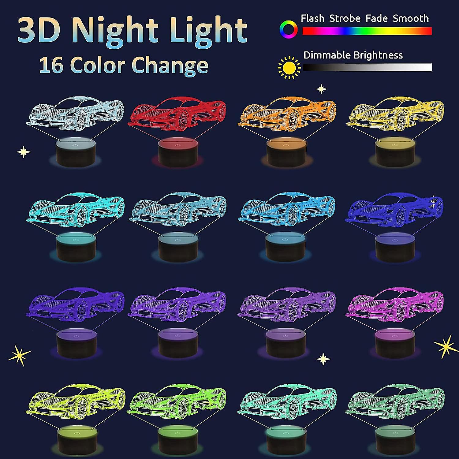 Kid's Car 3d Night Light， Sports Racing Illusion Optical Bedside Lamp 16 Colors Changing