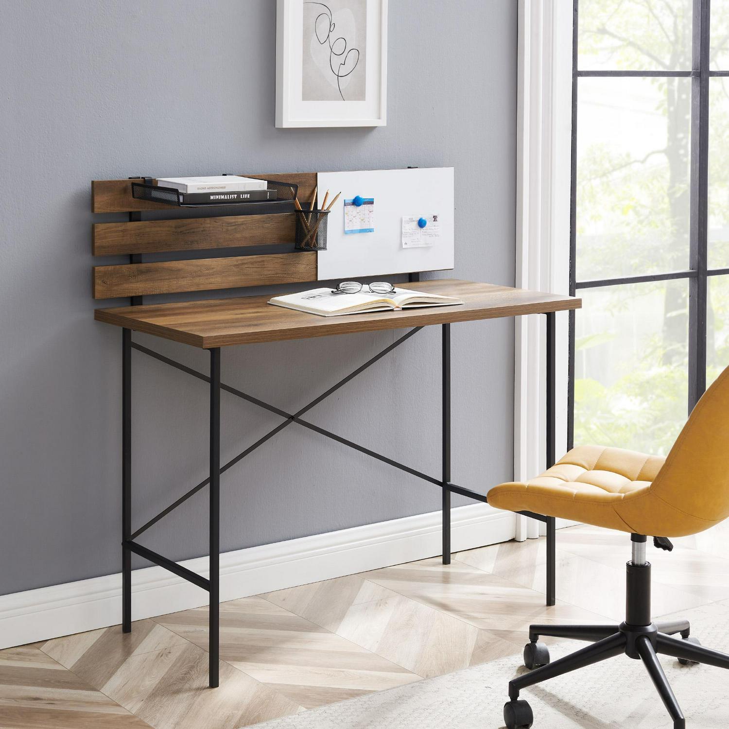 Manor Park Modern Writing Desk With Slat Back Adjustable Storage  Reclaimed Barnwood