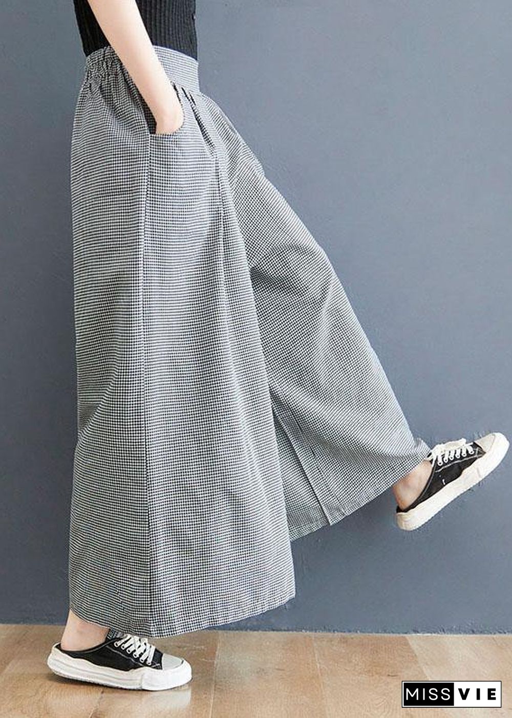 Boutique Small grid pockets Wide Leg Summer Cotton Linen Pants