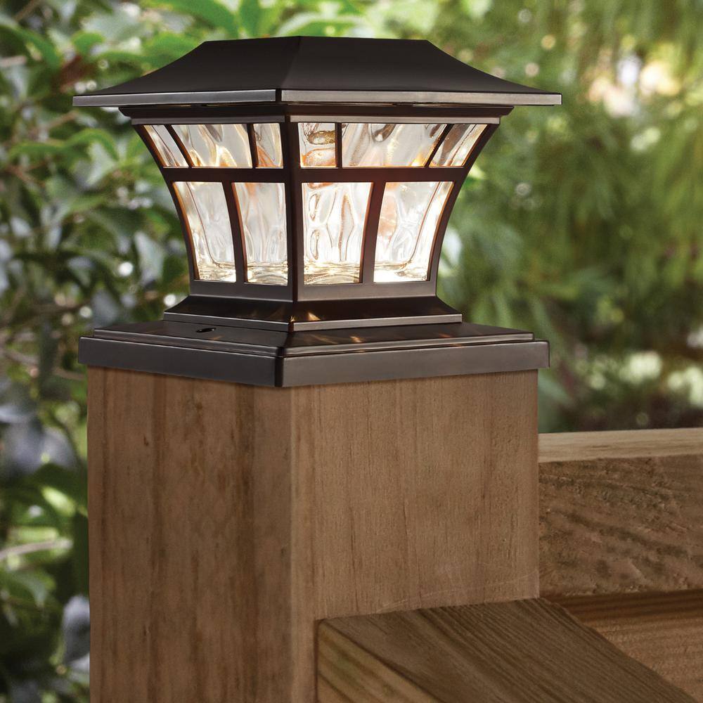 Hampton Bay Mediterranean Bronze Integrated LED Fits 4x4x or 6x6 Posts Solar Deck Post Cap Light 84044