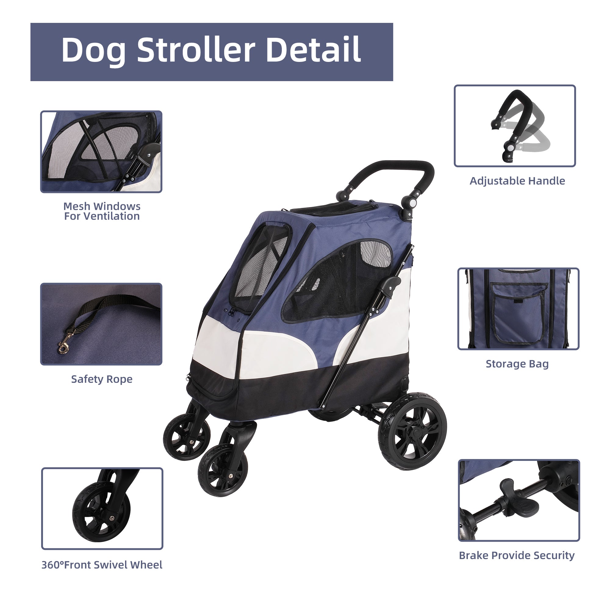 Pet Dog Stroller for Medium Dogs and Cats，Foldable Pet Jogger Stroller with Adjustable Handle，Blue