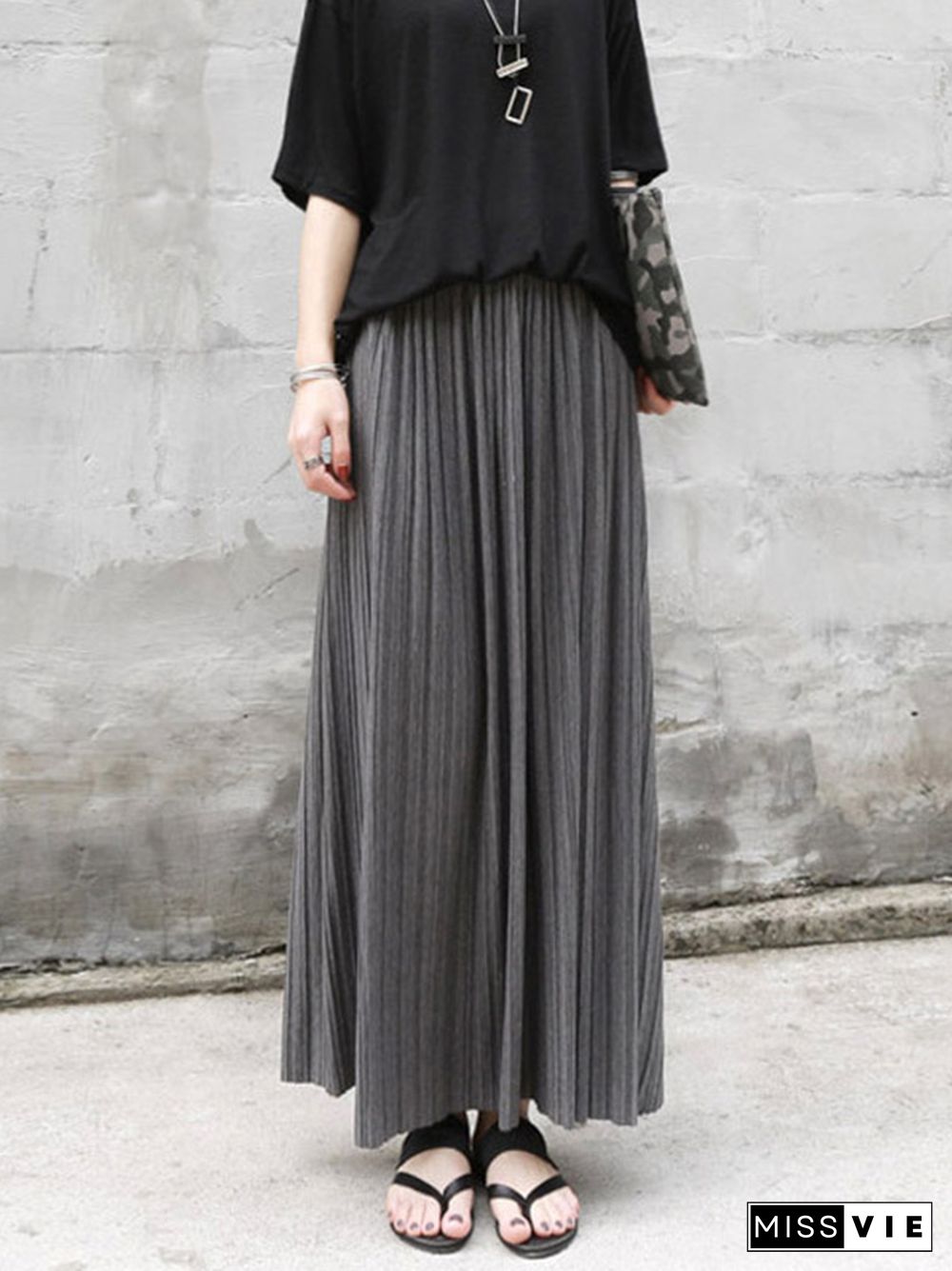 Casual Solid Color Elasticity Waist Pleated Skirts