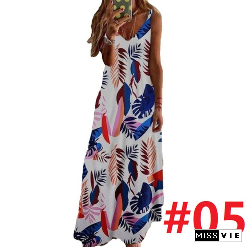 Women's Fashion Summer Sleeveless Floral Printing Sling Dress Deep V-Neck Slim Fit Big Swing Skirts Loose Casual Long Maxi Dresses Ladies Plus Size Party Dresses