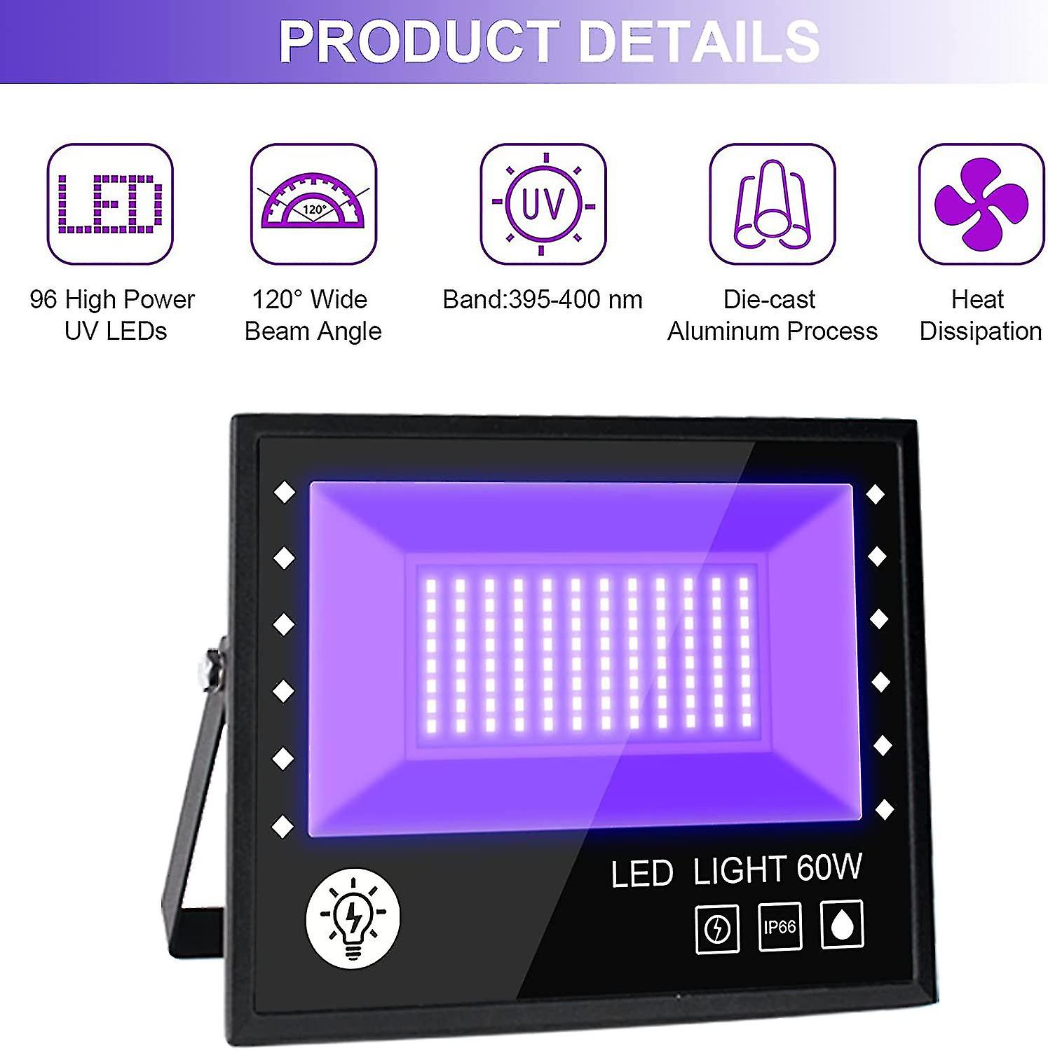 60w Led Black Light， Waterproof Ip66 Outdoor Uv Light Projector， Purple Led Lamp， Effect Lighting For Party， Dj Disco， Evening， Neon Painting， Fluores