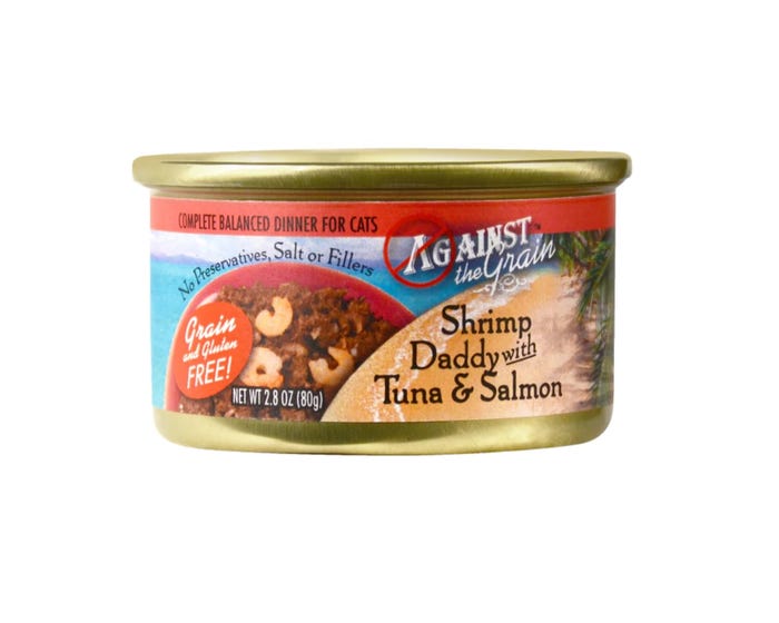 Against the Grain Wet Cat Food， Shrimp Daddy with Tuna  Salmon Dinner， 2.8 oz. Can