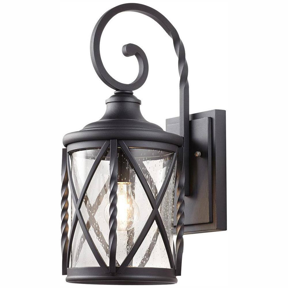 Home Decorators Collection Walcott Manor 8 in. One Light Black Industrial Outdoor Wall Lantern Sconce with Clear Seeded Glass 7954HDCBLDI