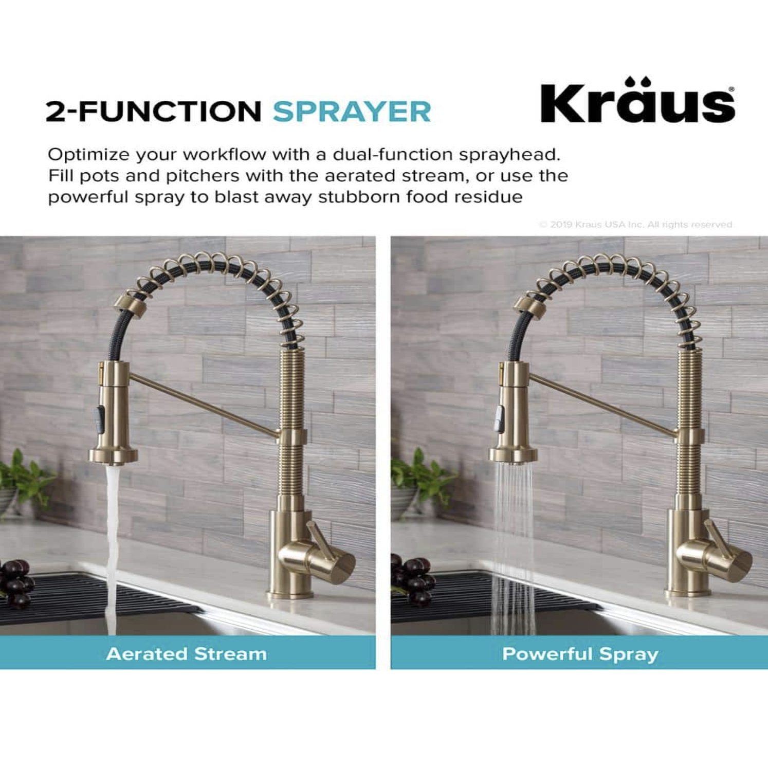 Kraus Single Handle 18-Inch Commercial Kitchen Faucet with Dual Function Pull-Down Sprayhead， Brushed Gold Finish