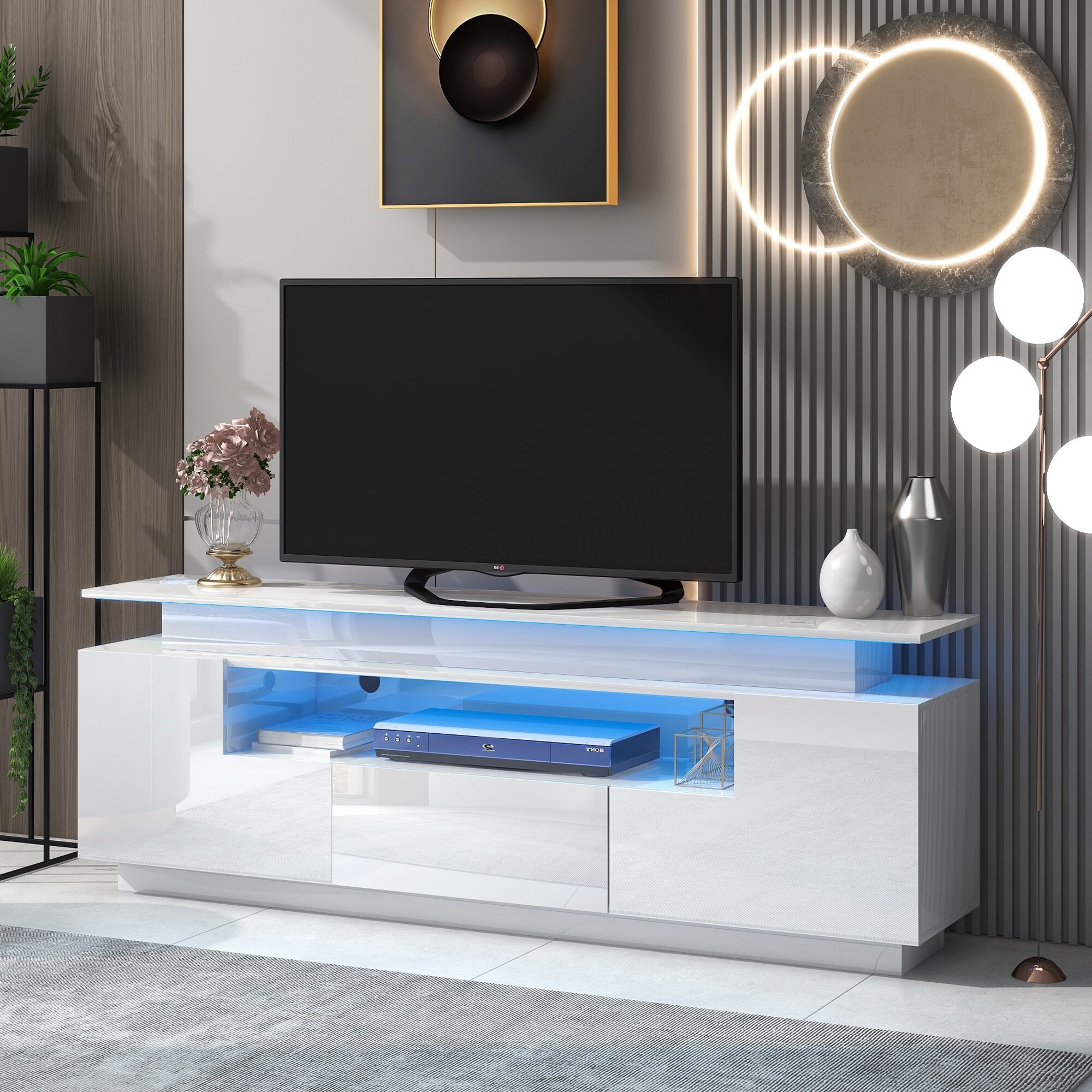 67''W Modern High Gloss TV Stand RGB LED Lights Universal TV Cabinet Console with 2 Doorand1 Drawerand1 Shelf for 75 inch TV