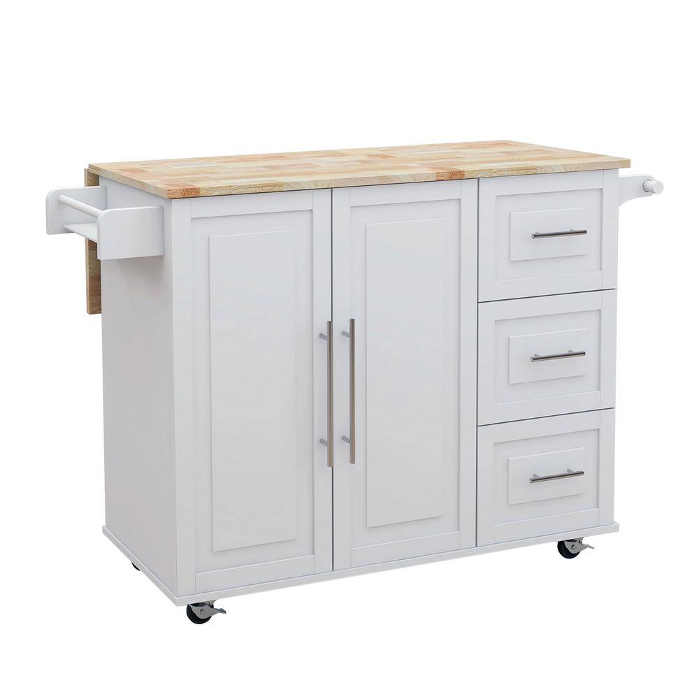 Tileon White Kitchen Island with Extensible Solid Wood Folding Table Top and Towel Rack AYBSZHD657