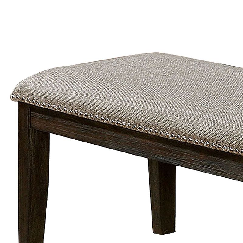 Fabric Upholstered Bench with Nailhead Trim and Tapered Legs， Gray and Espresso