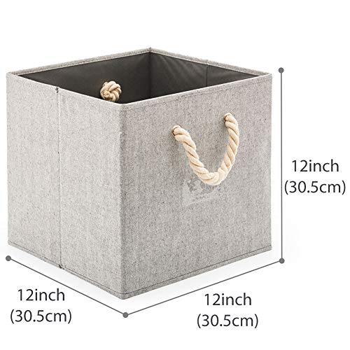 EZOWare [Set of 4] Foldable Fabric Storage Cube Bins with Cotton Rope Handle, Collapsible Resistant Basket Box Organizer for Shelves Closet Toys and More - Gray 12x12x12 inch