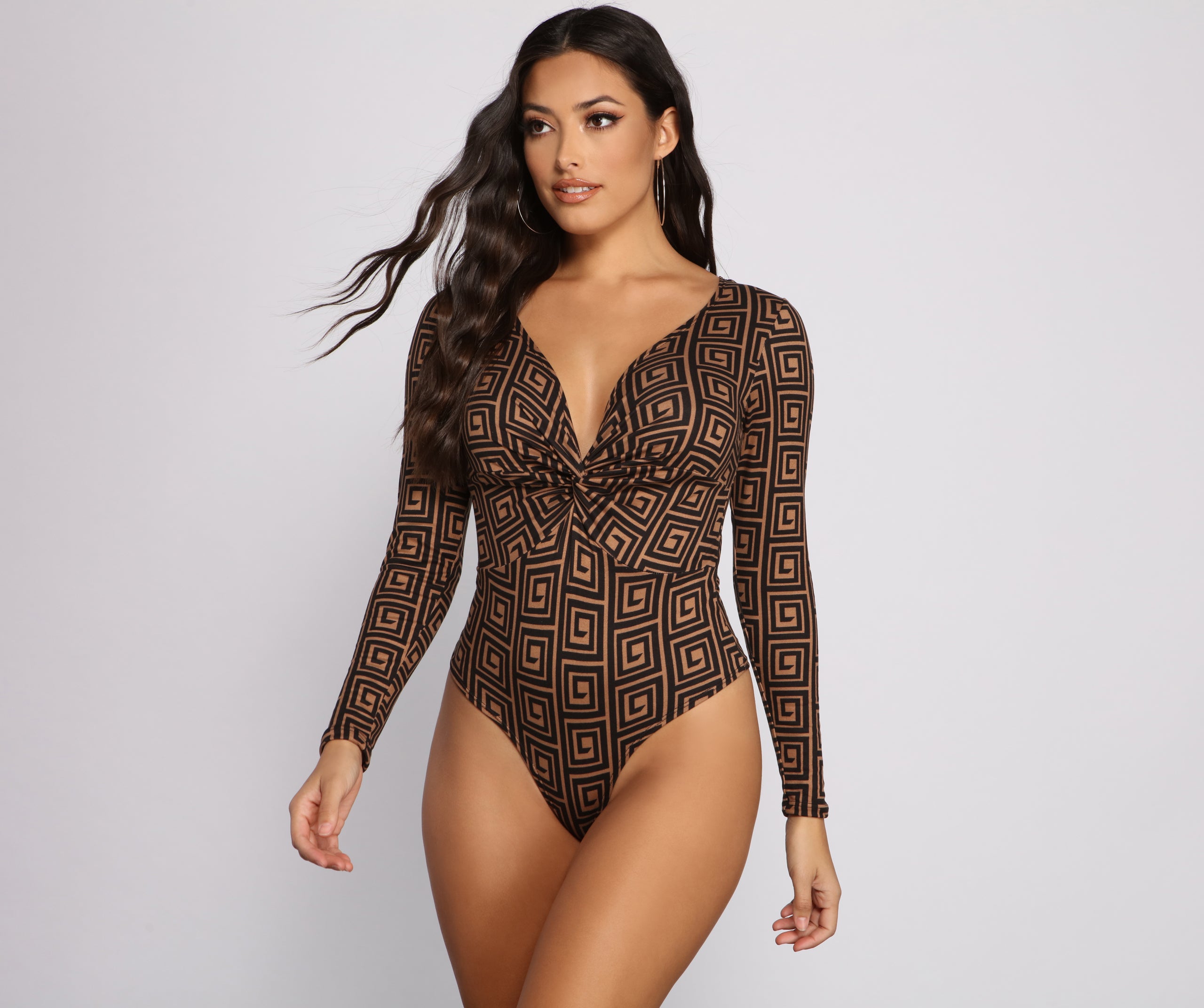 Greek Key Print Brushed Knit Bodysuit