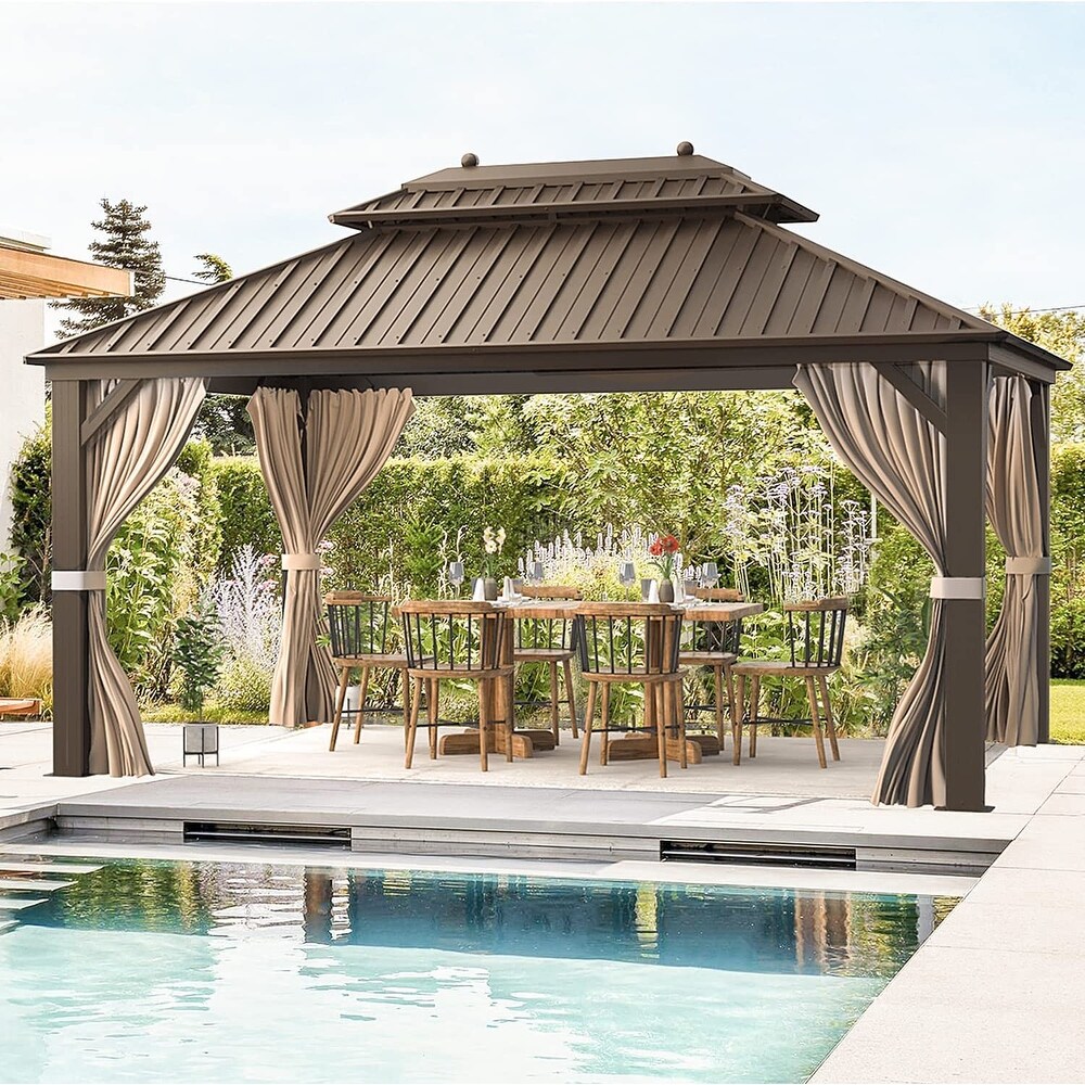 Outdoor Galvanized Steel Hardtop Patio Gazebo Pergola w/Aluminum Frame  Prime Curtains and nettings include