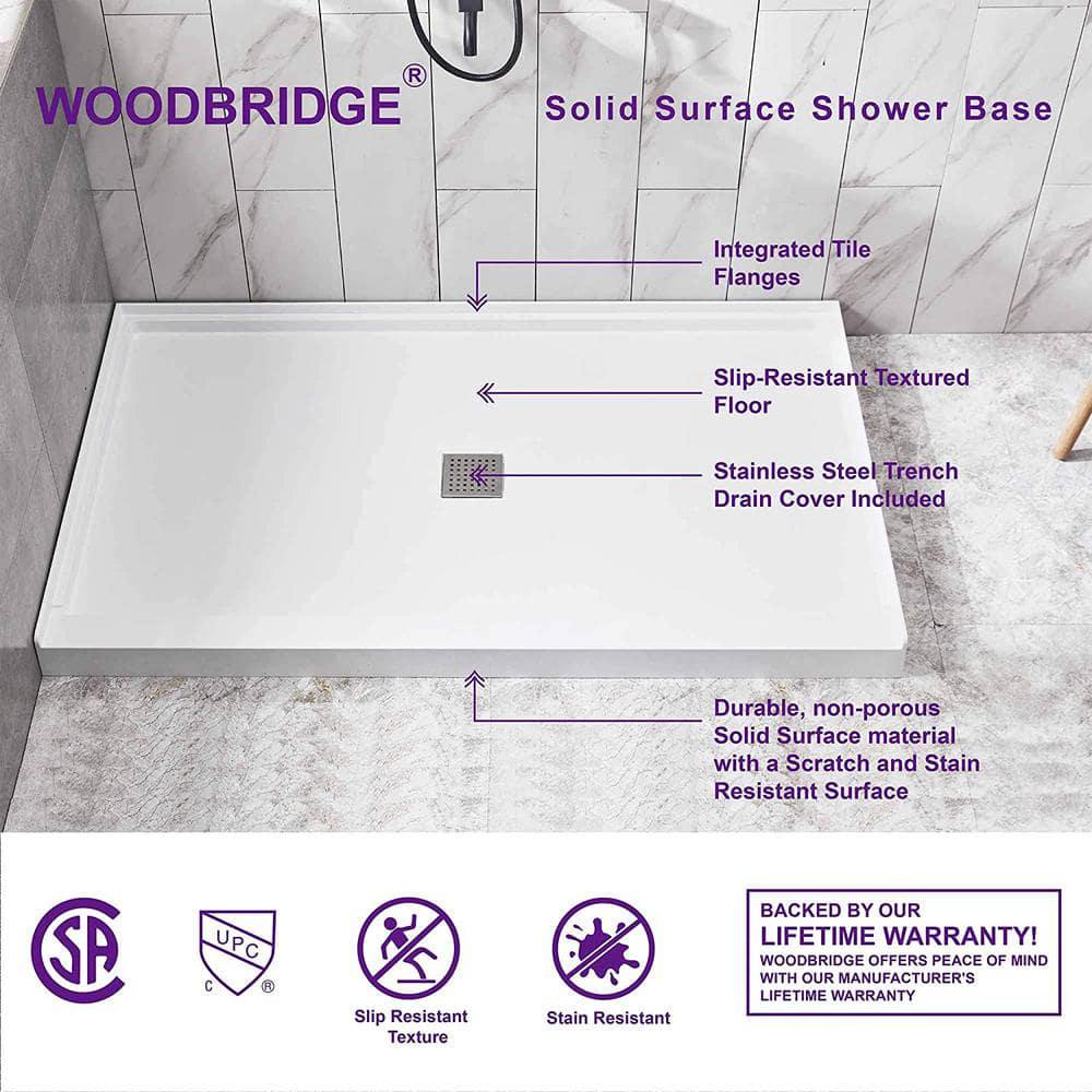 WOODBRIDGE 48 in x 32 in Solid Surface Single Threshold Center Drain Shower Pan with Stainless Steel Linear Cover in White