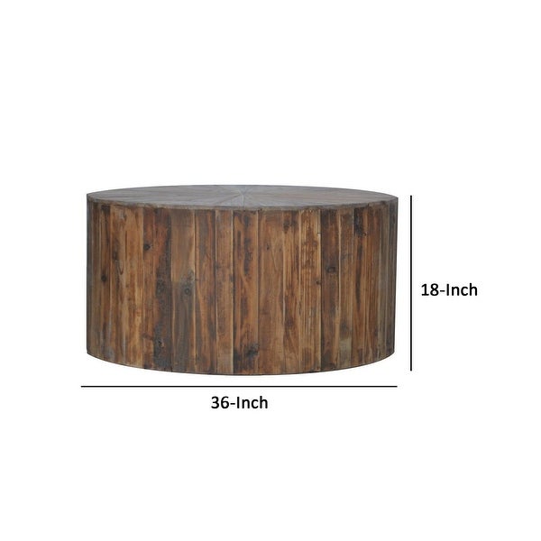 36 Inch Round Drum Coffee Table， Classic Plank Design， Rustic Brown Wood