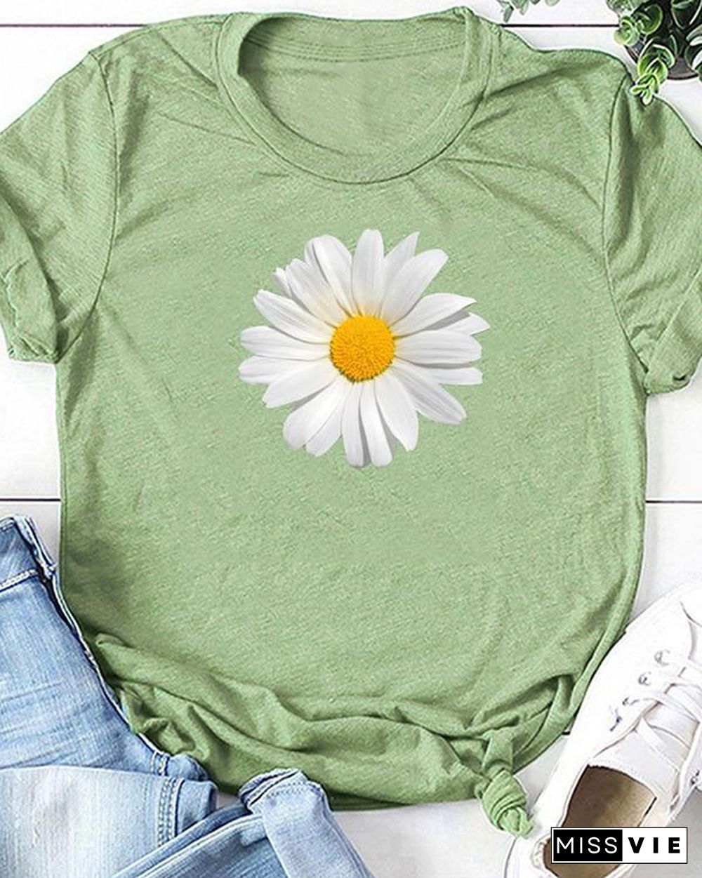 Flower Print T-shirt Ladies Short Sleeve Daily Tops