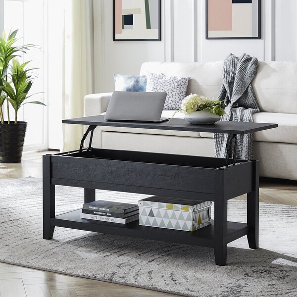 Lift Top Coffee Table with Storage Shelf， Blackwood