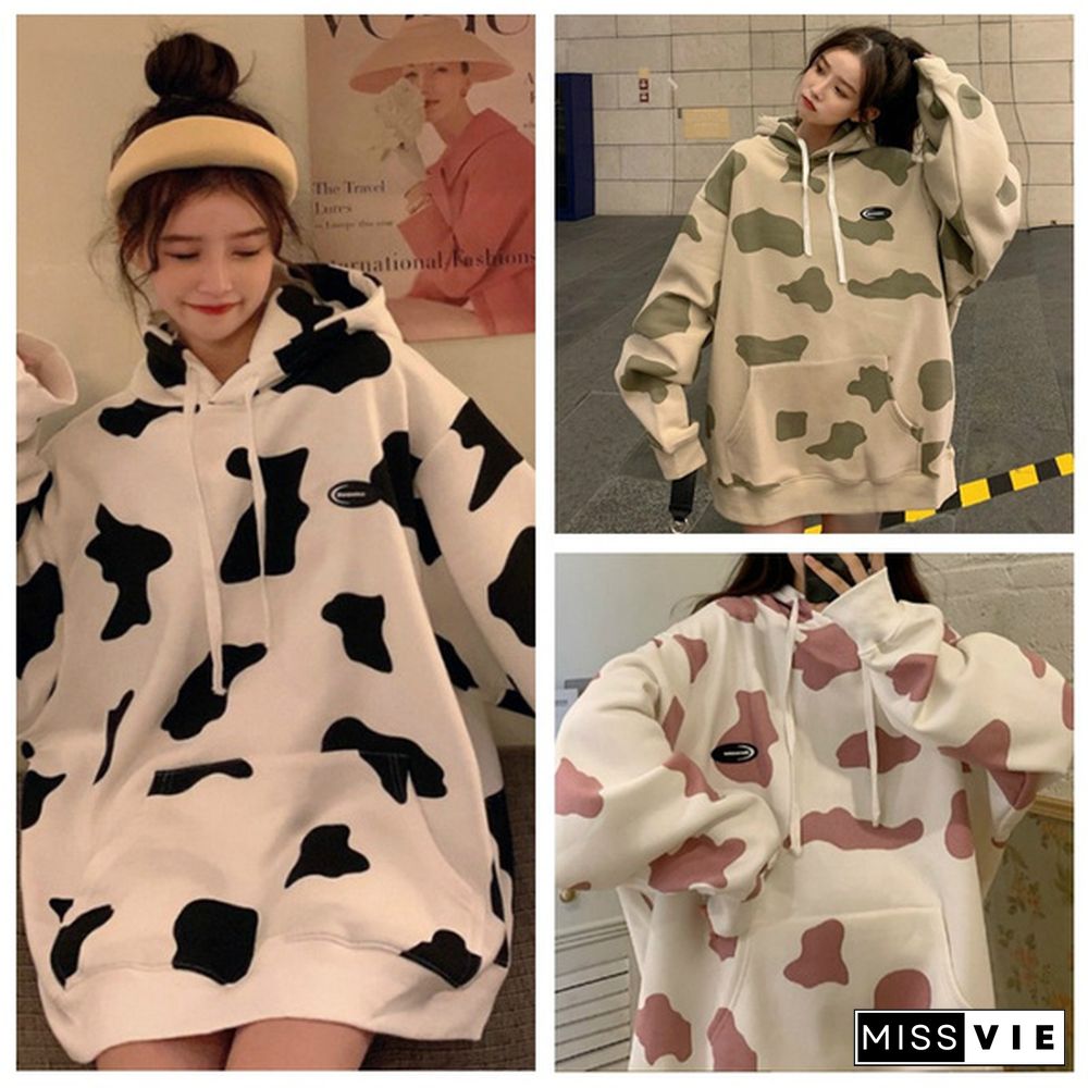 Women Hooded Pullover Cow Printed Hoodies Sweatshirt Cute Casual Loose Blouse Sweater Tops