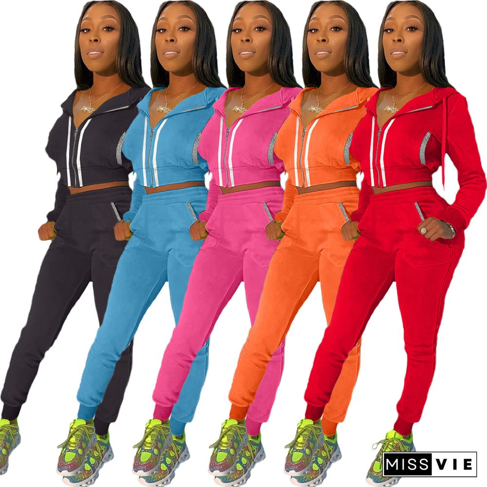 Solid Color Reflective Strip Zipper Hoodie Top Pants Set