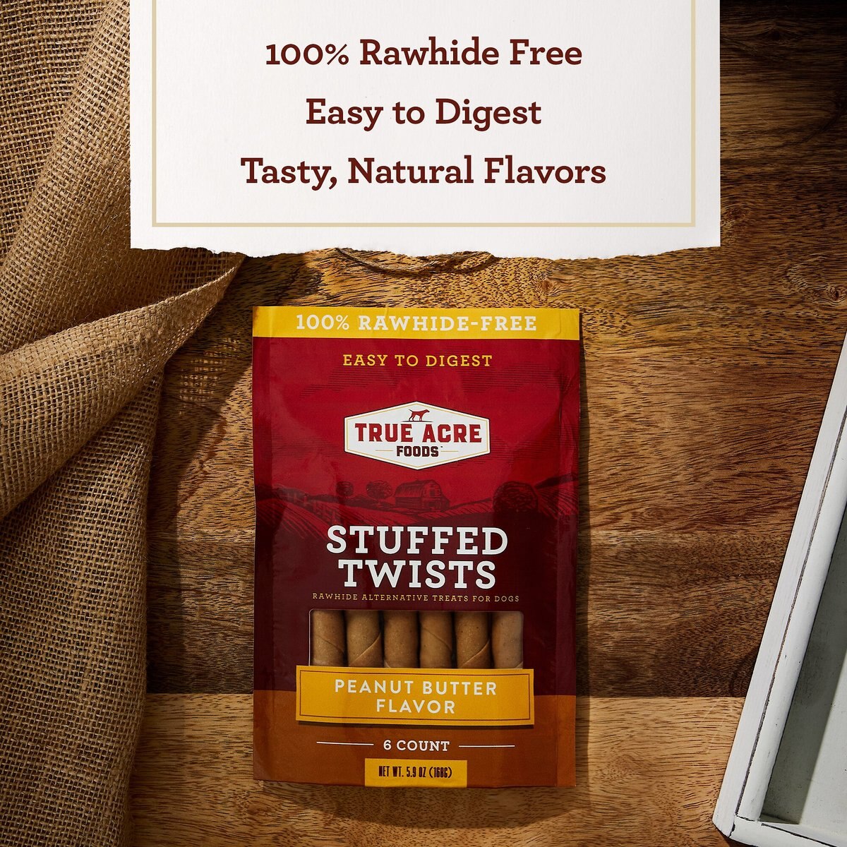 True Acre Foods Rawhide-Free Stuffed Twists Peanut Butter Flavor Treats， 6 count