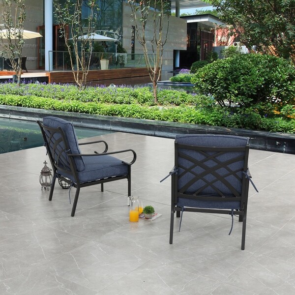 Patio Festival Outdoor Metal Chair with Blue Cushions (2Pack)