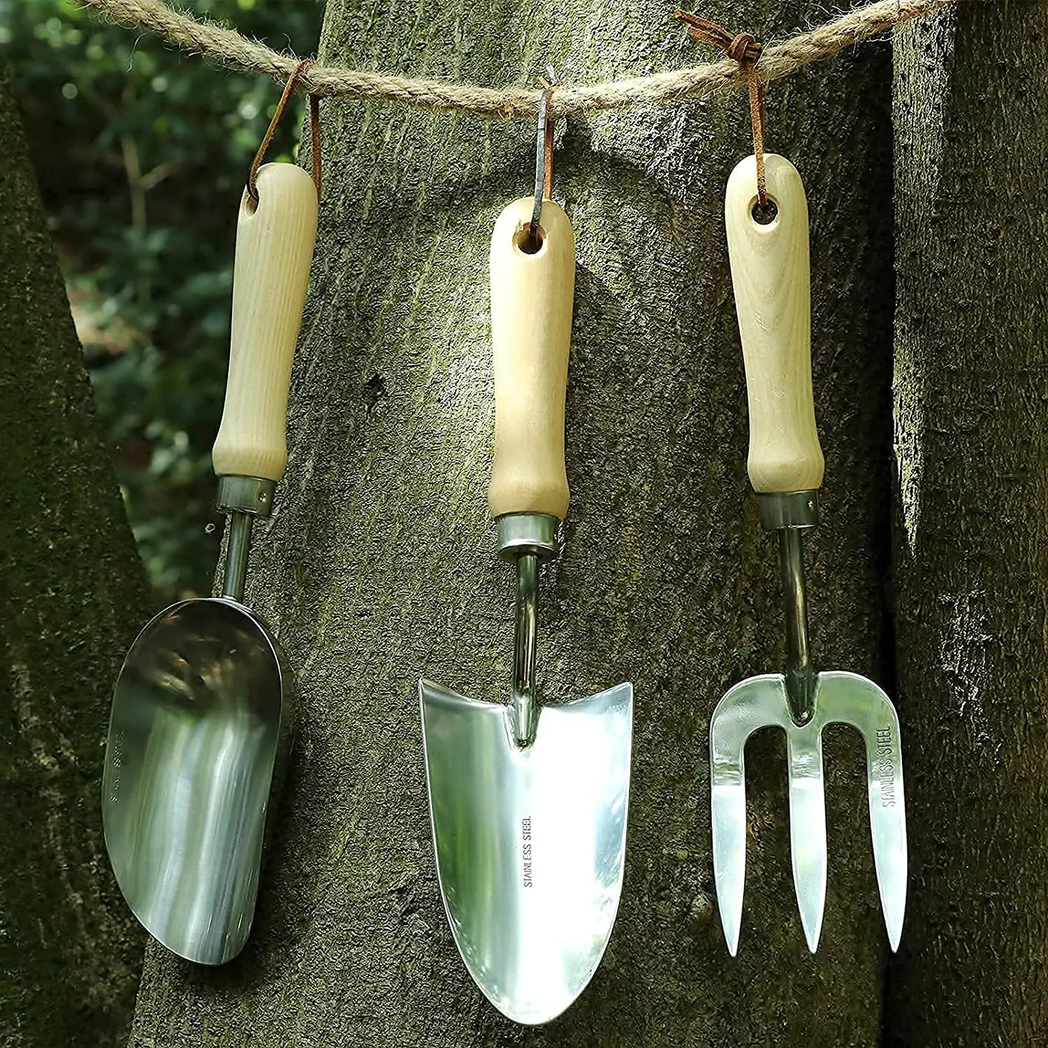 Customized Sturdy Stainless Steel Gardening Tools Scoop Hand Trowel Fork with Wooden Handle and Leather Strap