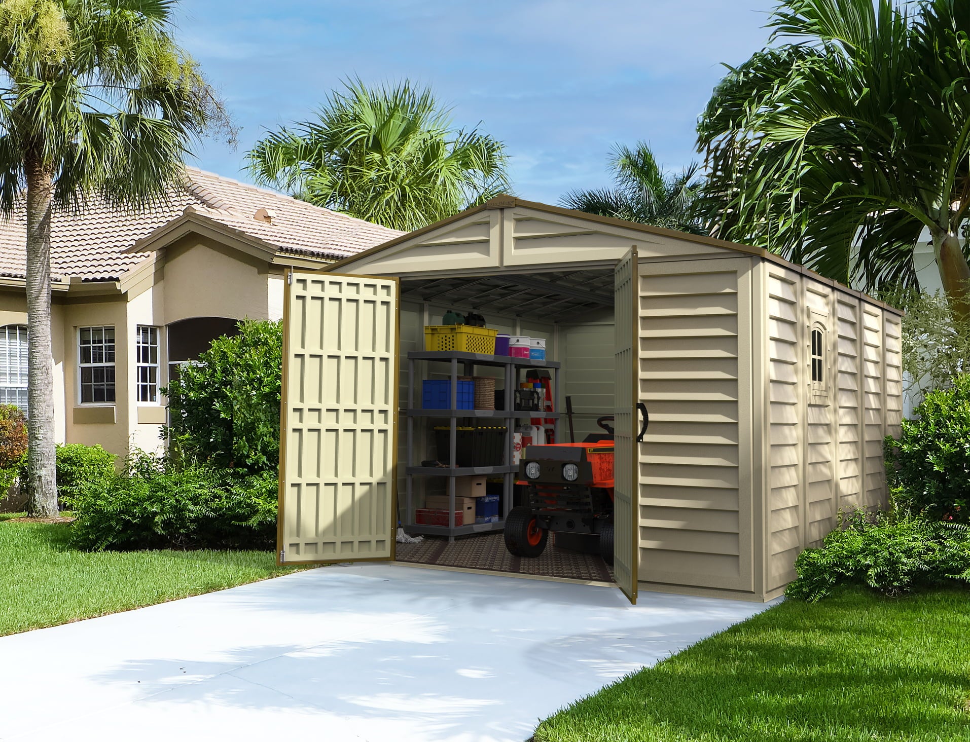 Duramax 10.5' x13' Woodbridge Plus Vinyl Storage Shed w/Foundation Kit