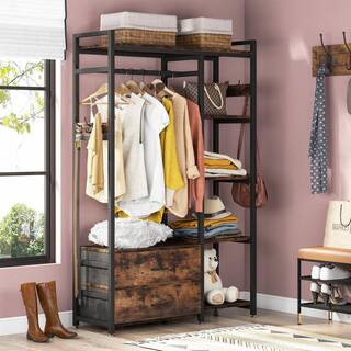 BYBLIGHT Carmalita Rustic Brown Freestanding Closet Organizer Clothes Rack with Drawers and Shelves Heavy Duty Garment Rack BB-F1546XF