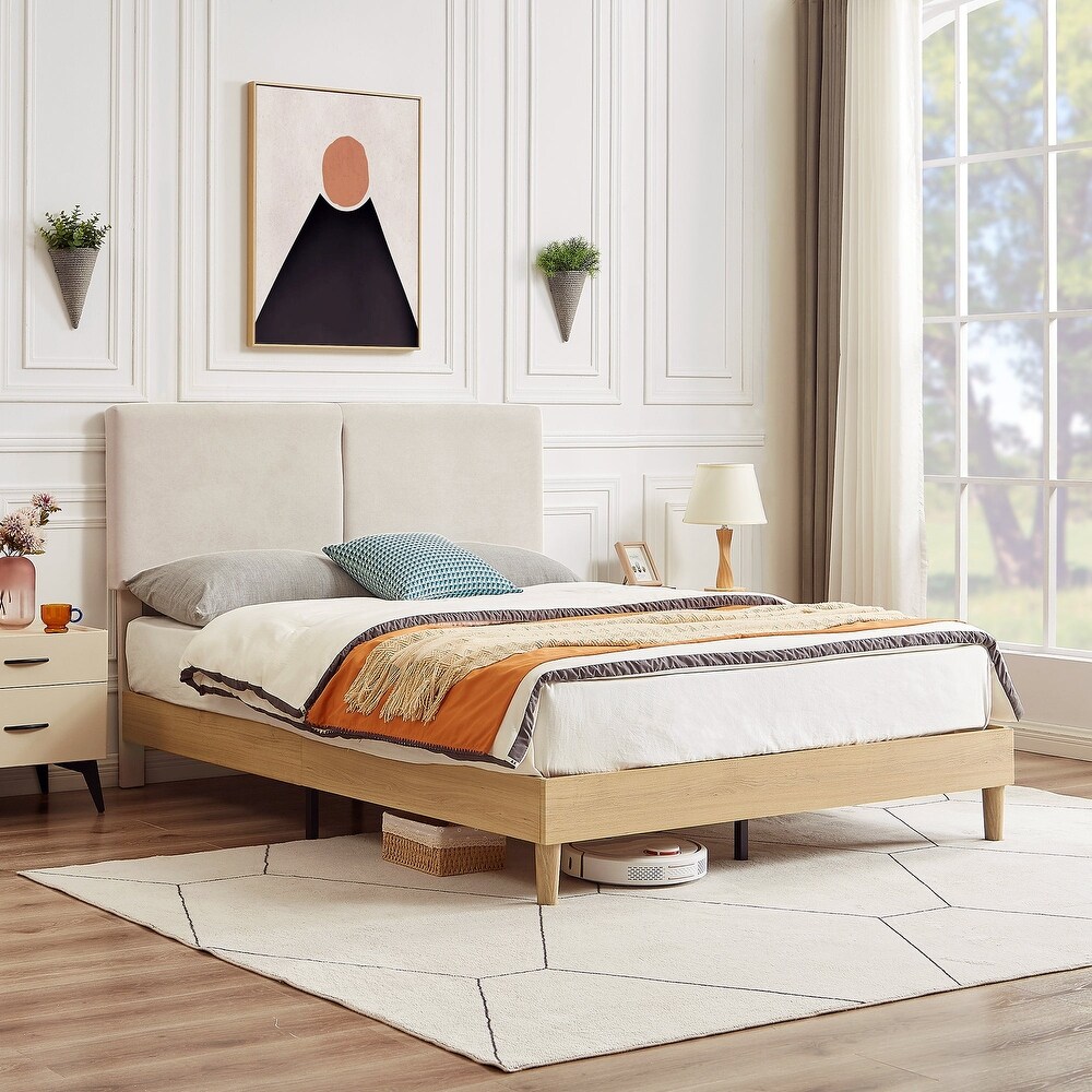 Javlergo Upholstered Bed Frame with Linen Fabric Adjustable Headboard  Strong Wood Slats Supports  No Box Spring Needed