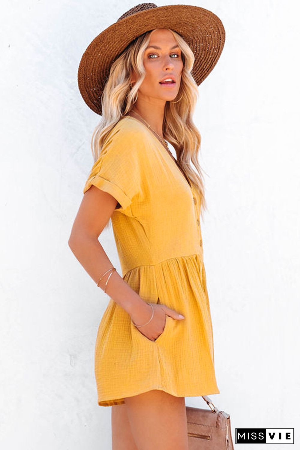 Yellow Button V Neck Crinkle Pocketed Romper