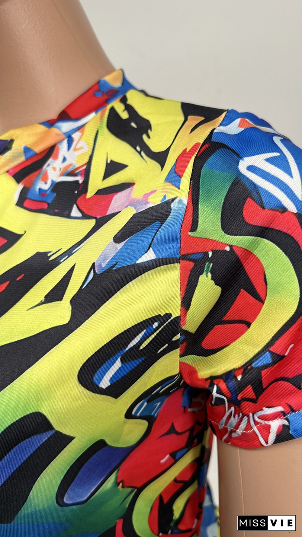 Graffiti Printing Short Sleeve T Shirt Biker Shorts Tracksuit